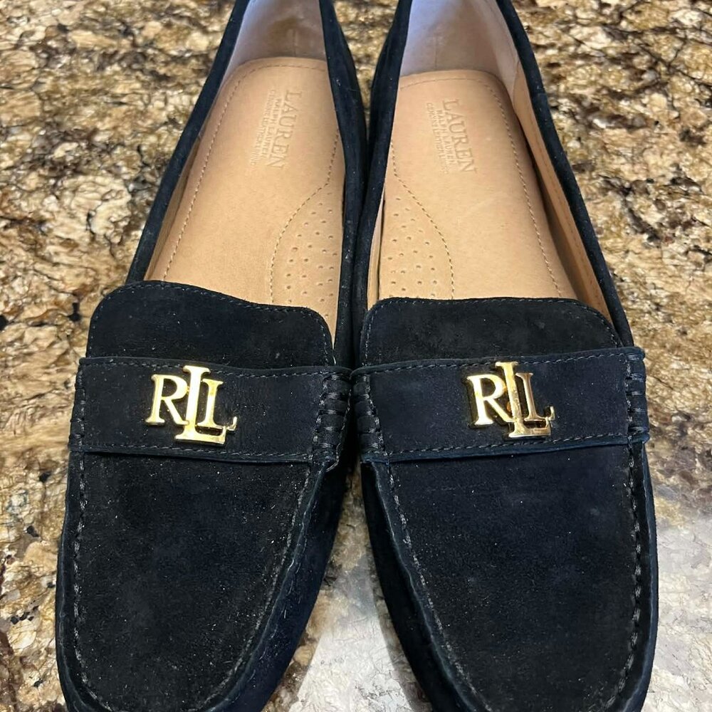 RALPH LAUREN BLACK SUEDE SLIP ON SHOES